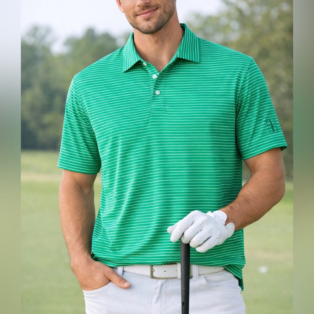 PGA TOUR Mens Green White Striped Golf Polo Shirt Short Sleeve Size Large NWT